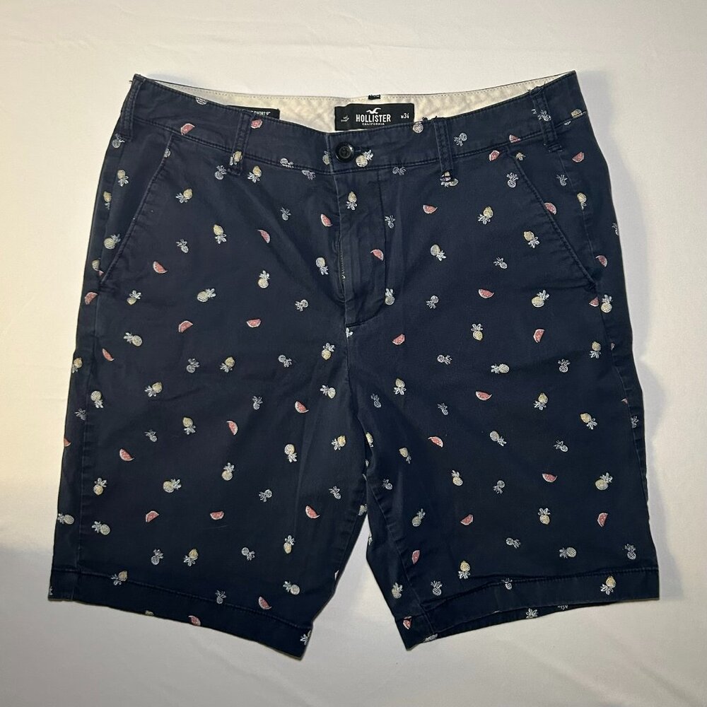 Hollister Co. Men's Navy Shorts, Fruit Pattern, Waist 34, 9 Inch Inseam